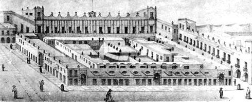 Plaza Mayor de México en 1795, con el mercado del Parián y el Cabildo