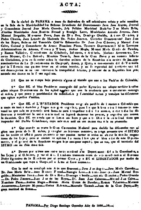 13 de septiembre de 1826. Acta de fidelidad de Panamá a los Pueblos de Colombia